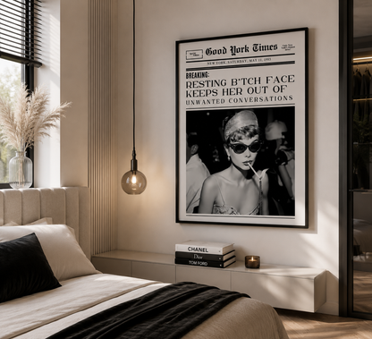 Monochrome fashion newspaper poster with Audrey Hepburn inspired aesthetic styled in an elegant contemporary bedroom.
