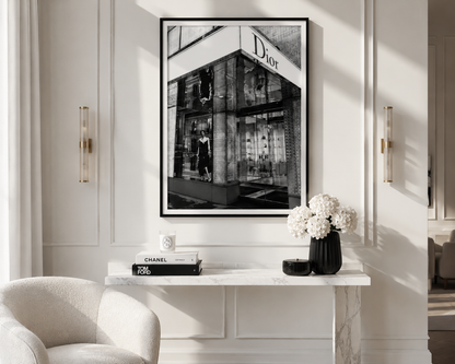 Luxury Dior Paris storefront photography print framed in a contemporary monochrome living room.