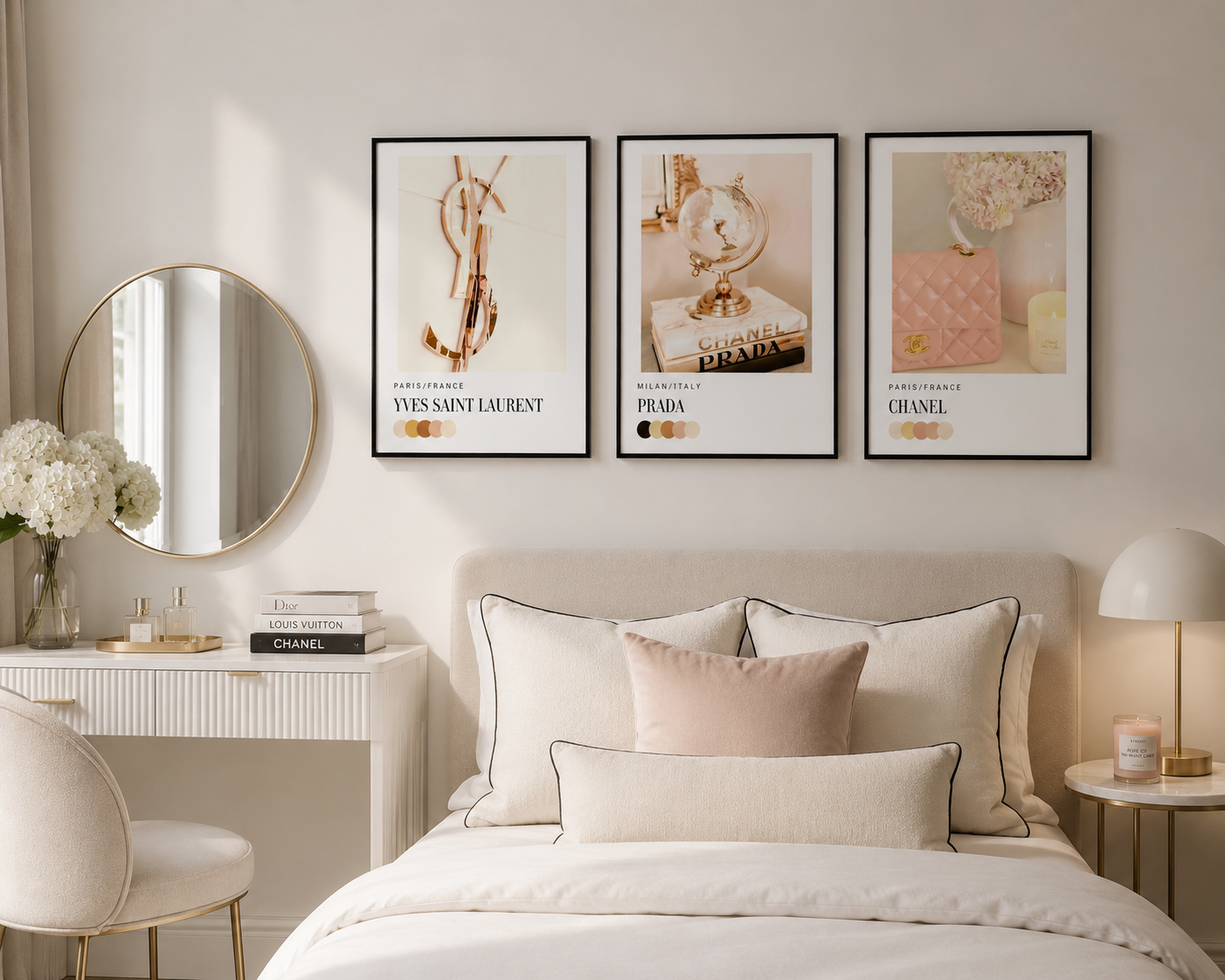 Luxury fashion wall art set featuring Chanel, Prada and Yves Saint Laurent inspired prints displayed above a modern bedroom.