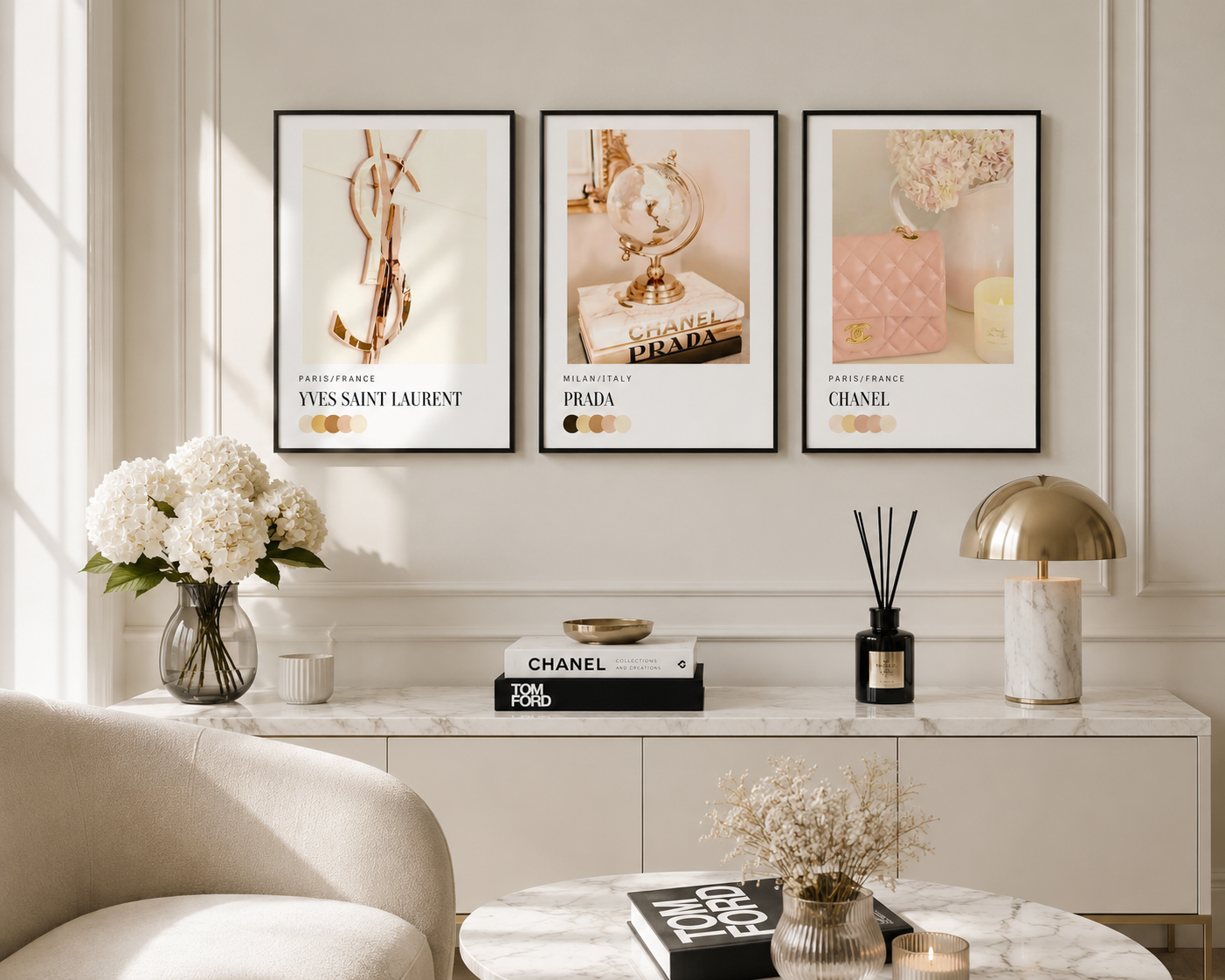 Modern luxury bedroom featuring a coordinated set of three fashion wall art prints inspired by iconic designer brands.