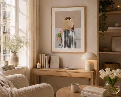 Scandinavian-inspired reading nook print with a woman reading a book under a striped blanket holding a green mug.