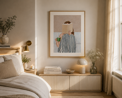 Neutral cosy reading wall art perfect for book lovers, bedrooms, home libraries and hygge-inspired interiors.