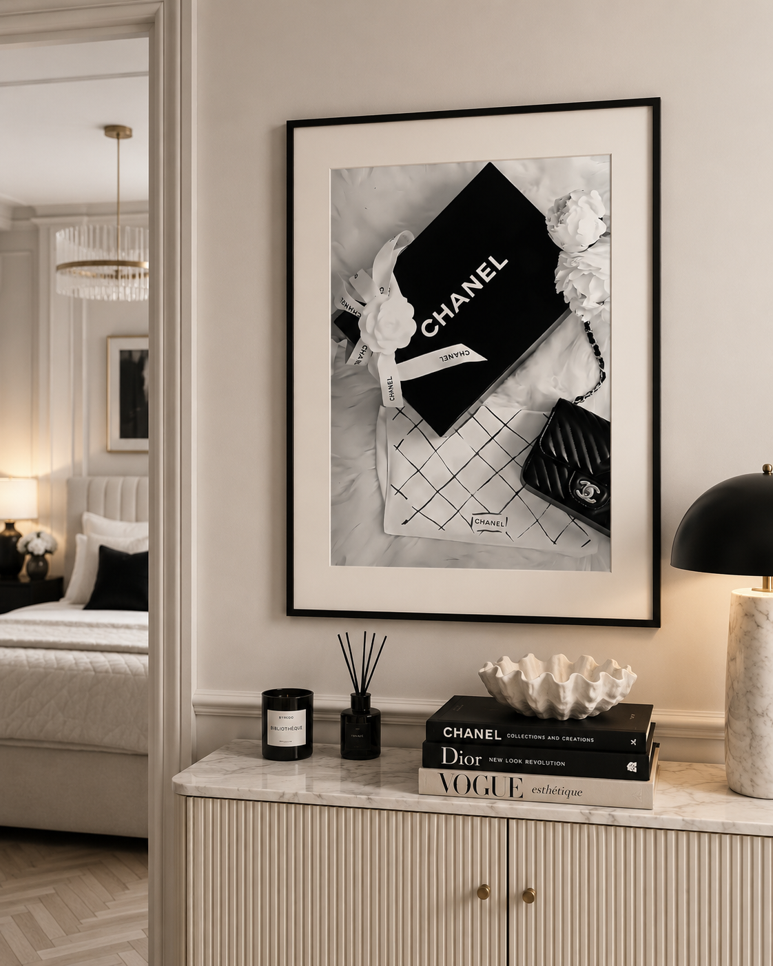 Designer-inspired monochrome fashion wall art perfect for dressing rooms, beauty rooms, bedrooms and luxury home interiors.