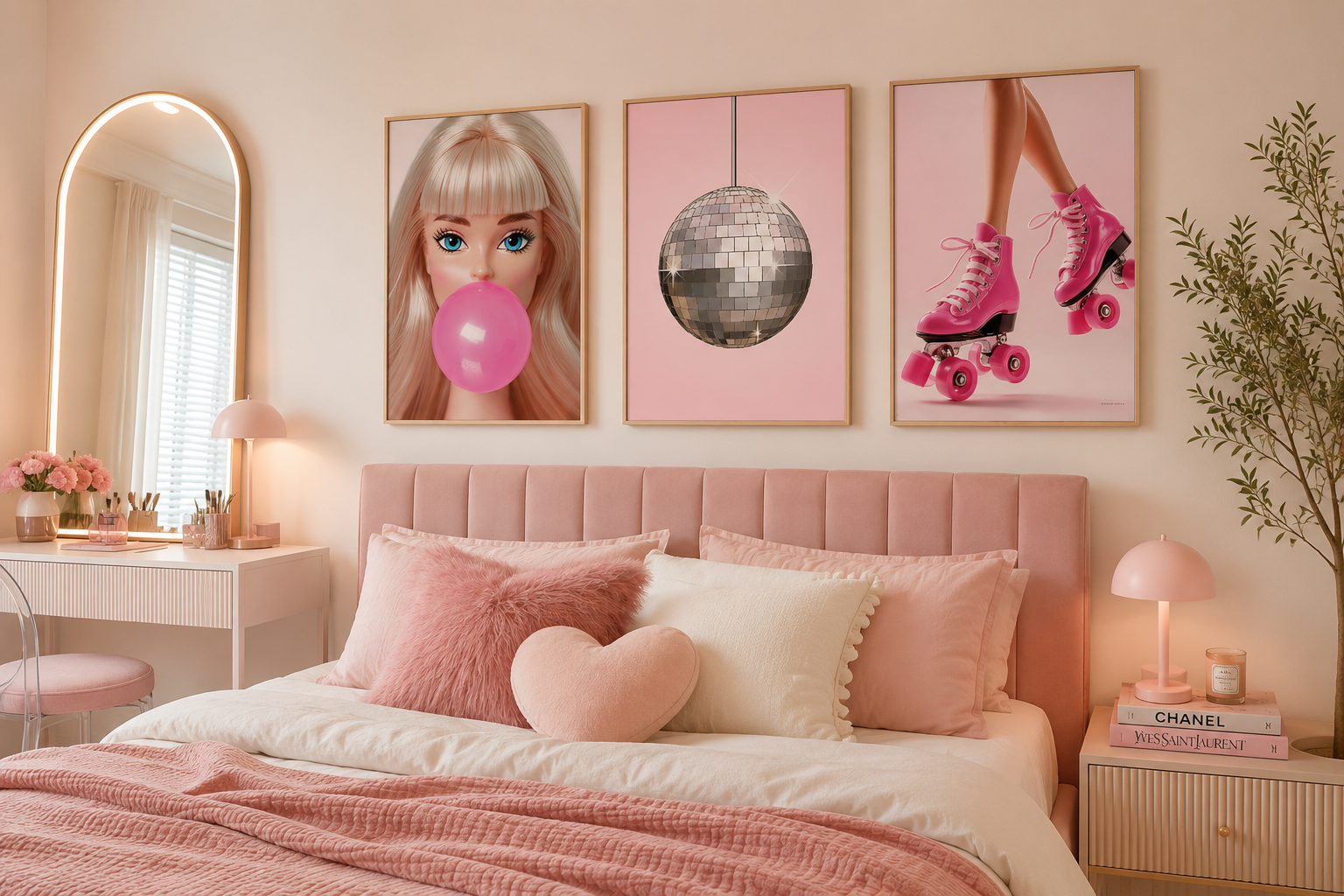 Barbiecore pink gallery wall prints with disco ball, bubblegum fashion portrait and roller skates for stylish feminine bedroom décor.