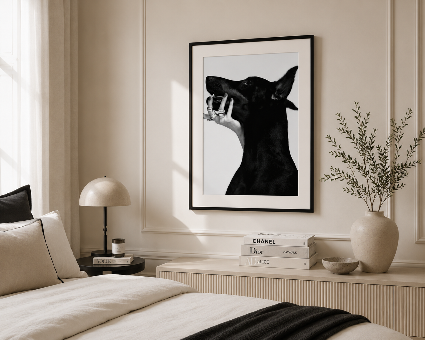 Luxury monochrome Doberman wall art with fashion-inspired styling for minimalist and contemporary home interiors.