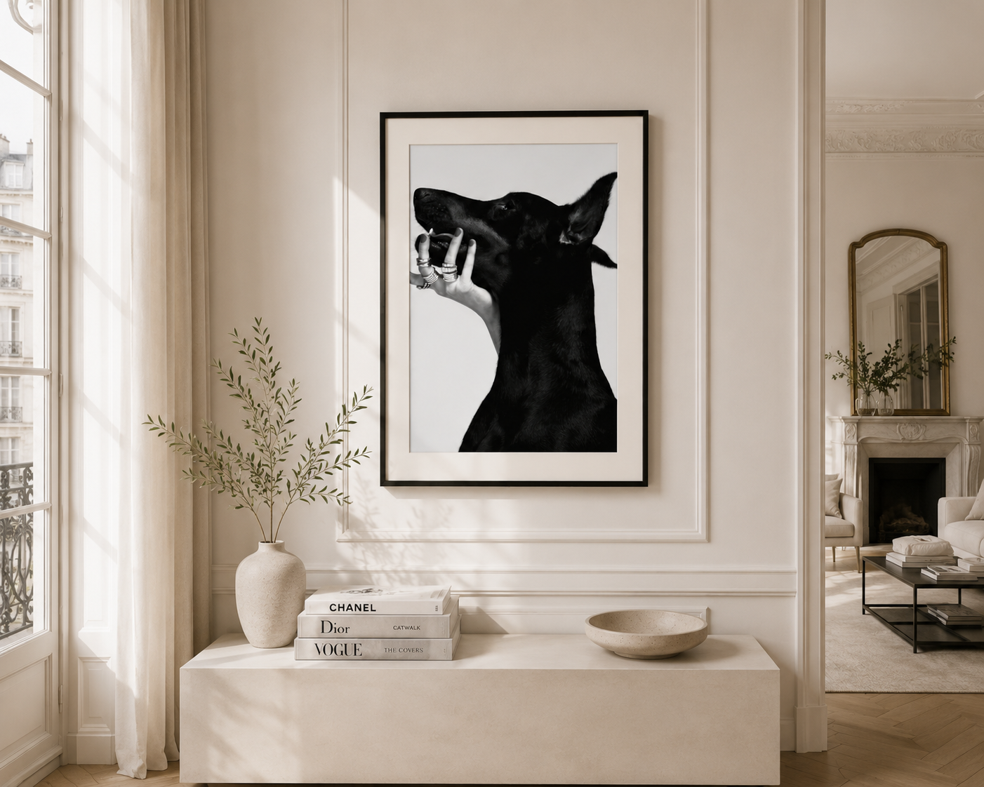 Modern black and white Doberman dog print in a black frame for luxury living room and bedroom décor.