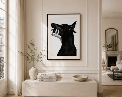 Modern black and white Doberman dog print in a black frame for luxury living room and bedroom décor.