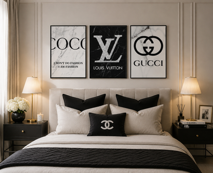 Designer-inspired black and white marble wall art set for modern bedrooms, dressing rooms and luxury home interiors.