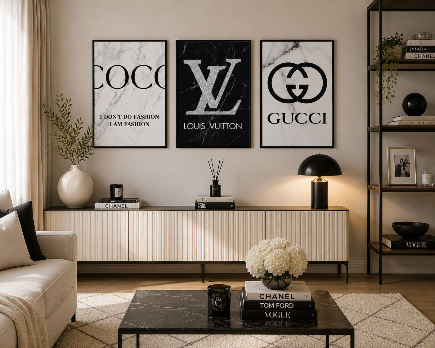 Luxury fashion gallery wall with monochrome marble artwork inspired by iconic designer fashion houses.