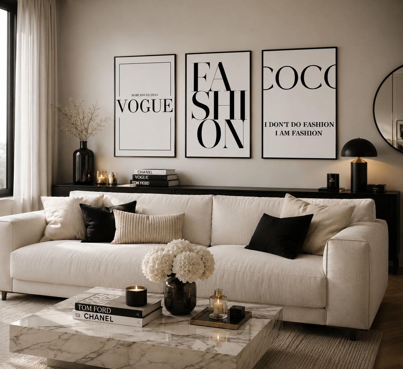 A styled living room featuring a large cream sofa with black and beige pillows, a marble coffee table, and three framed black-and-white typography wall art prints above the couch. The prints read 'VOGUE', 'FASHION', and 'COCO' with additional text on the right print.