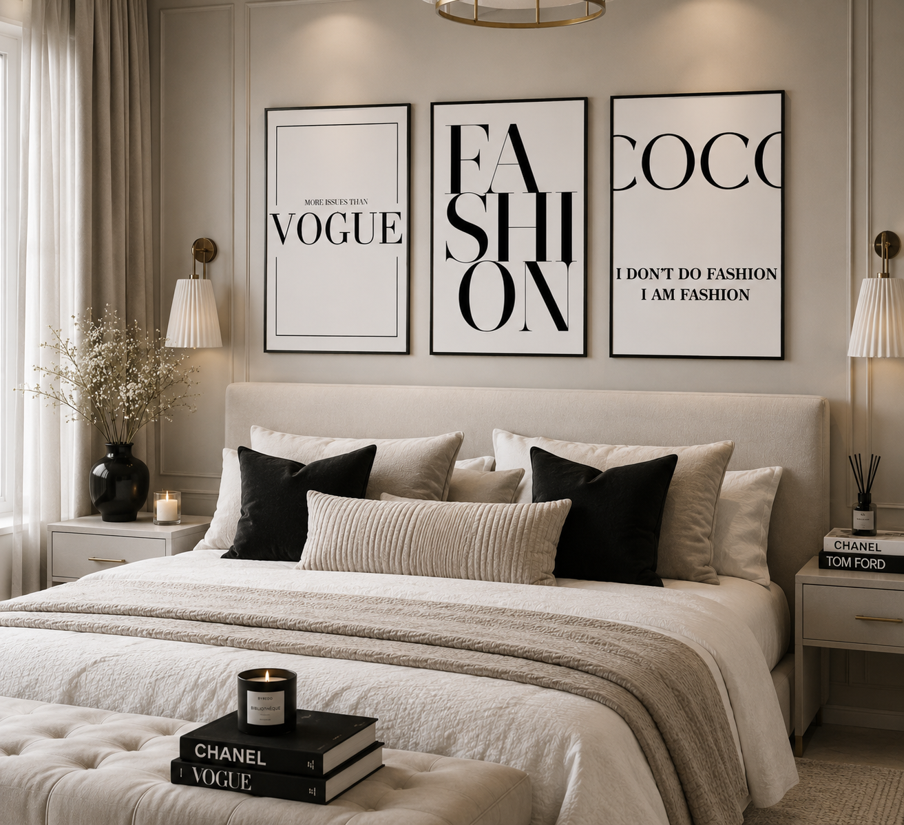 A styled bedroom interior with a bed dressed in cream bedding and black accent pillows, beneath three framed wall art prints reading VOGUE, FASHION, and COCO / I DON'T DO FASHION I AM FASHION. The room has beige walls, bedside tables, lamps, and decorative books including Chanel and Tom Ford.