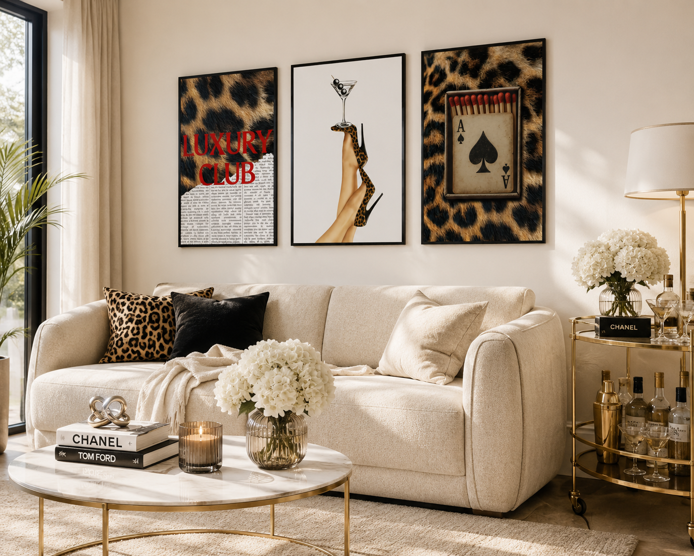 Three framed wall art prints with leopard print and fashion-themed designs hang above a cream sofa in a styled living room. The prints feature a red 'LUXURY CLUB' text on the left, a high-heel graphic in the center, and an aces de pied card on the right.