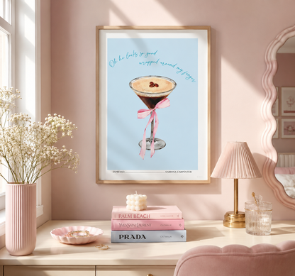 Coquette coffee wall art inspired by Sabrina Carpenter's Espresso, featuring a hand-painted espresso martini and pink bow.
