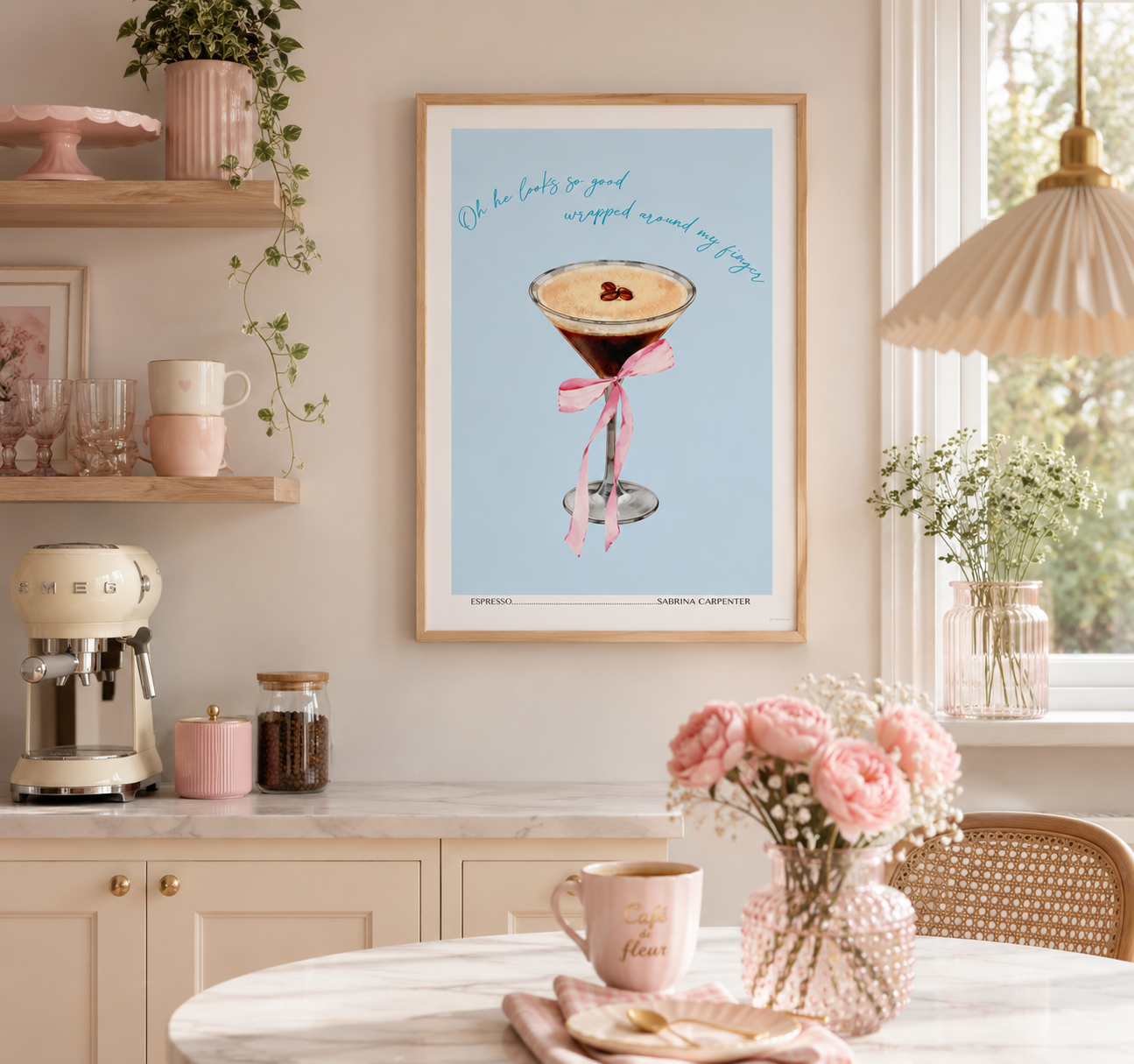 Pink aesthetic Espresso inspired print with coffee cocktail illustration, perfect for coffee bars, kitchens and Sabrina Carpenter fans.