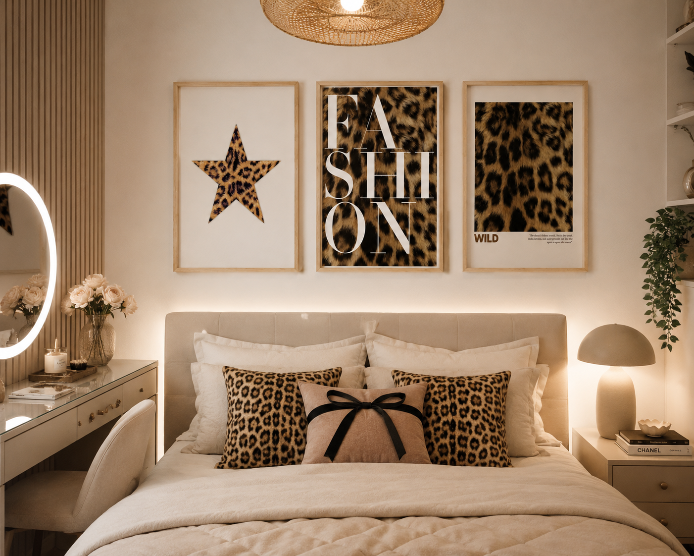 Neutral leopard gallery wall featuring fashion-inspired animal print artwork for modern bedrooms, living rooms and dressing rooms.
