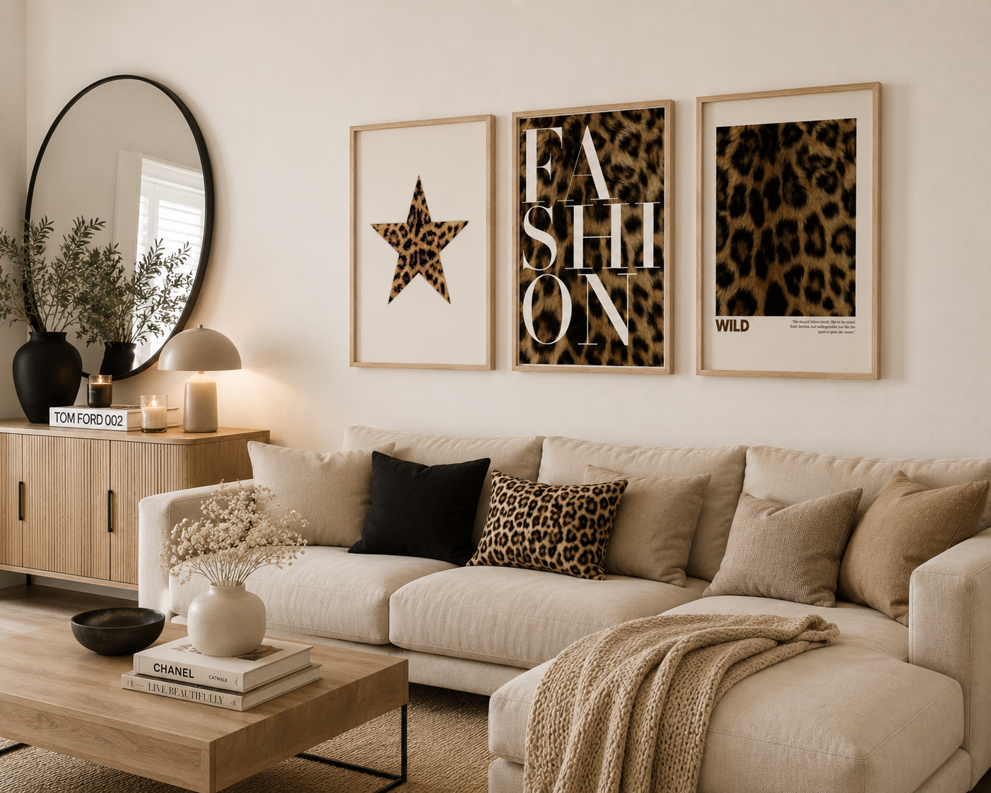 Set of 3 contemporary leopard print posters with fashion typography, leopard star artwork and minimalist wild print for stylish home decor.
