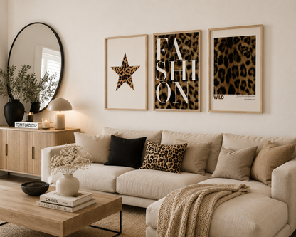 Set of 3 contemporary leopard print posters with fashion typography, leopard star artwork and minimalist wild print for stylish home decor.