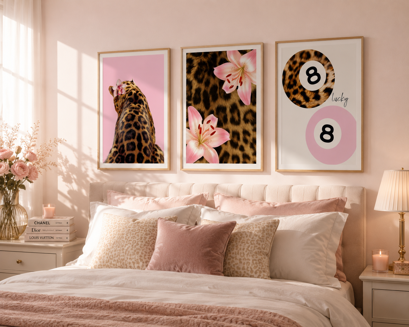 Luxury coquette gallery wall with pink leopard prints, floral artwork and fashion-inspired wall decor for stylish bedrooms.