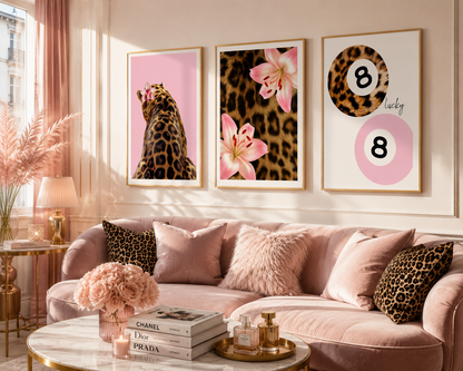 Fashion wall art set of 3 with leopard artwork, pink lily print and Lucky 8 poster for feminine home decor.