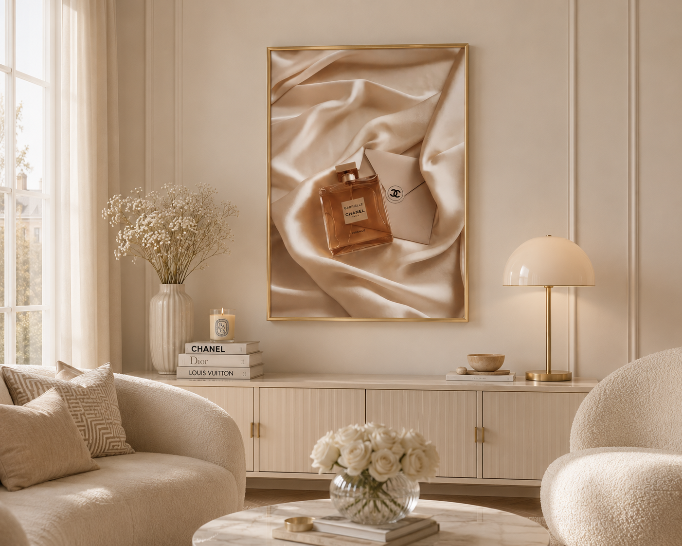 A framed wall art print hangs above a cream-colored console table in a styled living room. The artwork shows a perfume bottle and envelope draped on flowing satin fabric.