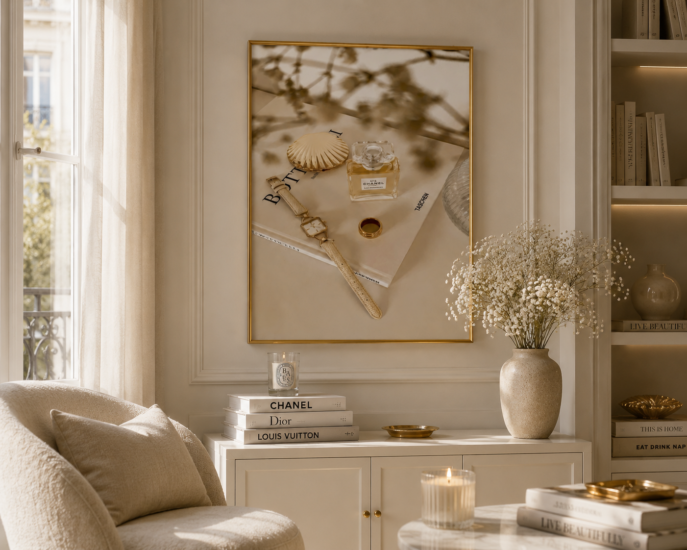 A framed wall art print with a gold border hangs above a white console table in a bright, elegant room. The print features a perfume bottle, shell, and jewelry on a beige background with soft botanical shadows.