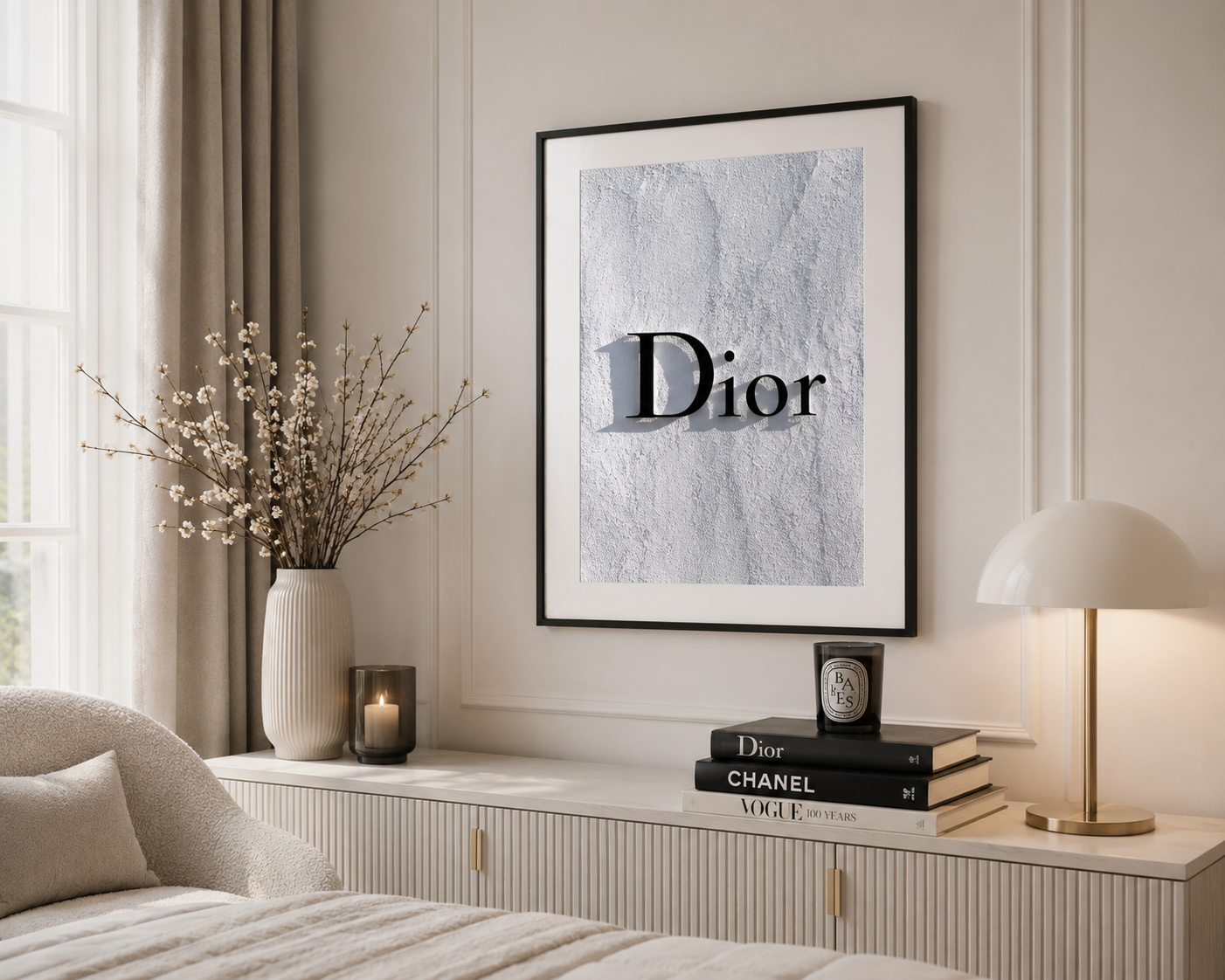 A framed wall art print featuring the Dior logo over a textured light gray background, displayed in a styled bedroom setting above a console table with books, a lamp, and a vase.