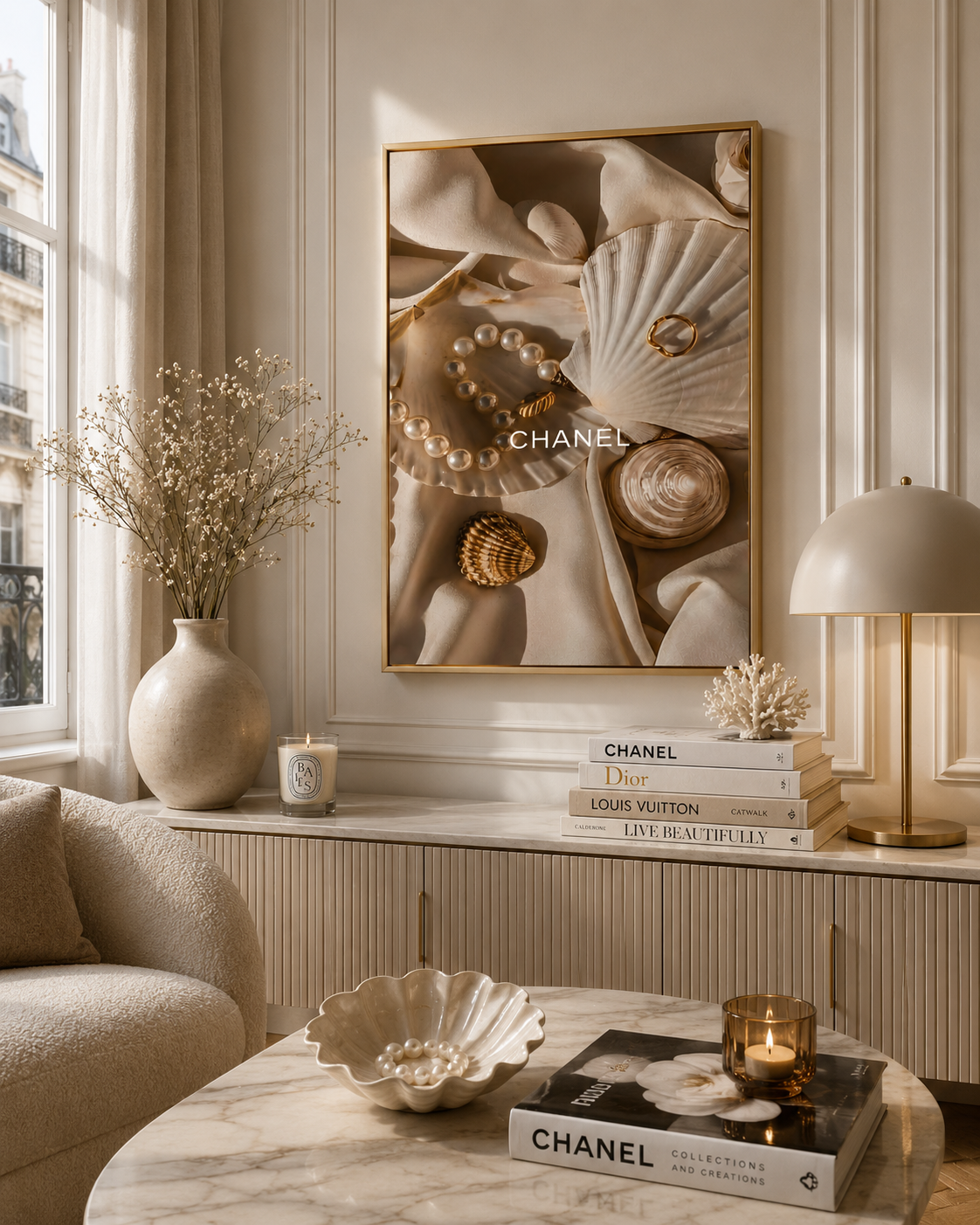 A framed wall art print featuring seashells, pearls, and the word CHANEL in cream and beige tones, displayed in a styled interior room with a sofa, lamp, books, and decorative objects.