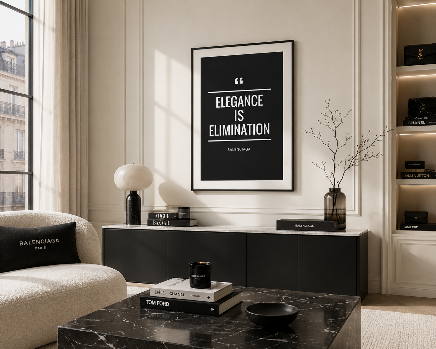 A framed Balenciaga poster reading 'ELEGANCE IS ELIMINATION' in white text on a black background, displayed in a modern living room setting above a dark console table.