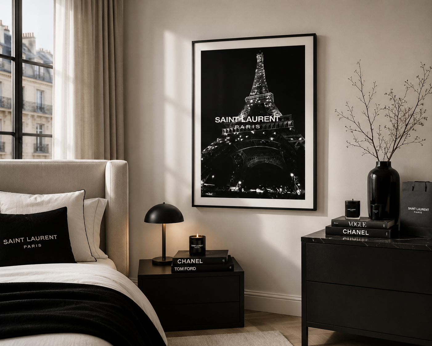 A framed black and white poster of the Eiffel Tower with 'SAINT LAURENT PARIS' text, displayed on a beige wall in a styled bedroom setting with a bed, bedside table, and decorative items.