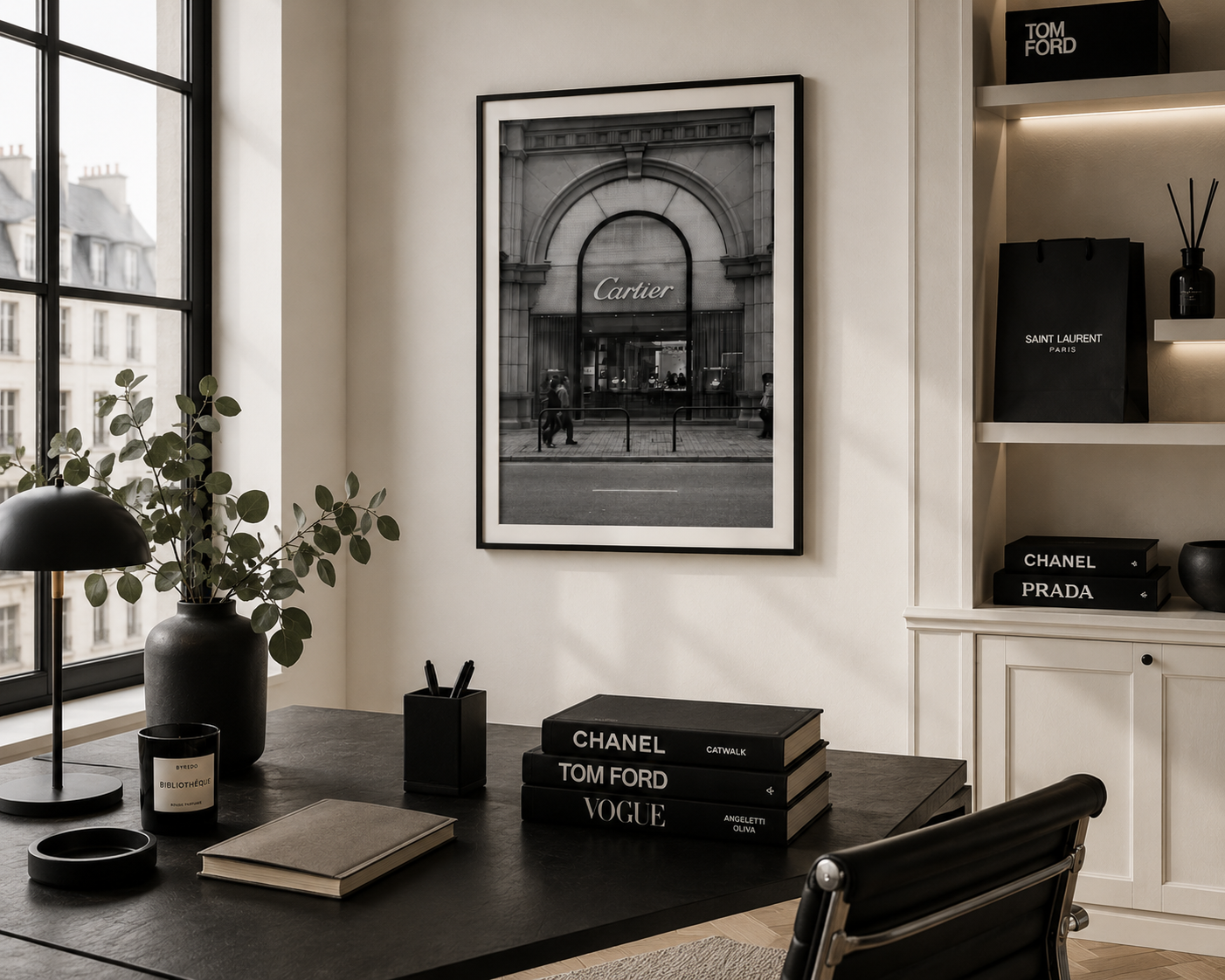 A framed black and white art print of a Cartier storefront hangs on a cream wall in a modern, stylishly decorated room with a desk, books, and shelves.