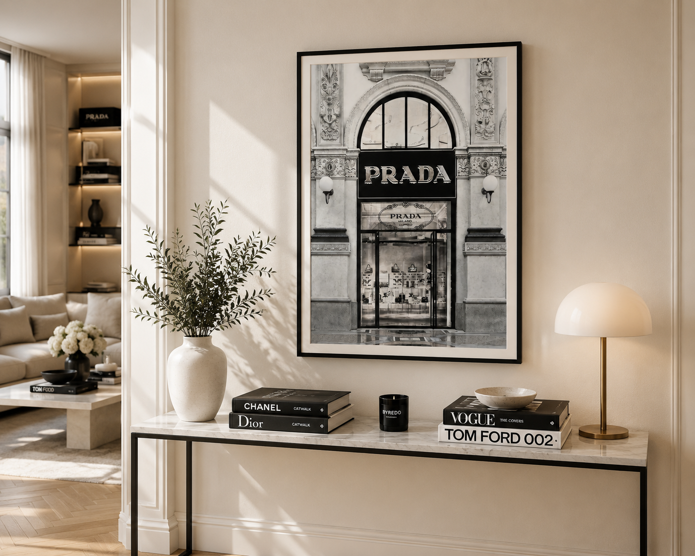 A framed black and white art print of the Prada storefront hangs on a beige wall in a styled living room setting. The print features the iconic arched entrance with 'PRADA' text, displayed above a console table with books, a vase, and a lamp.