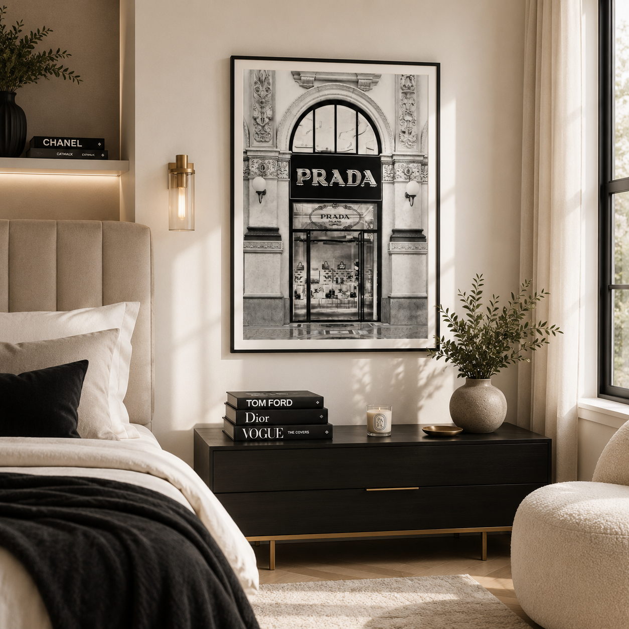 Luxury Prada boutique wall art displayed in a modern neutral bedroom with a slim matte black aluminium frame and narrow warm ivory gallery mount.