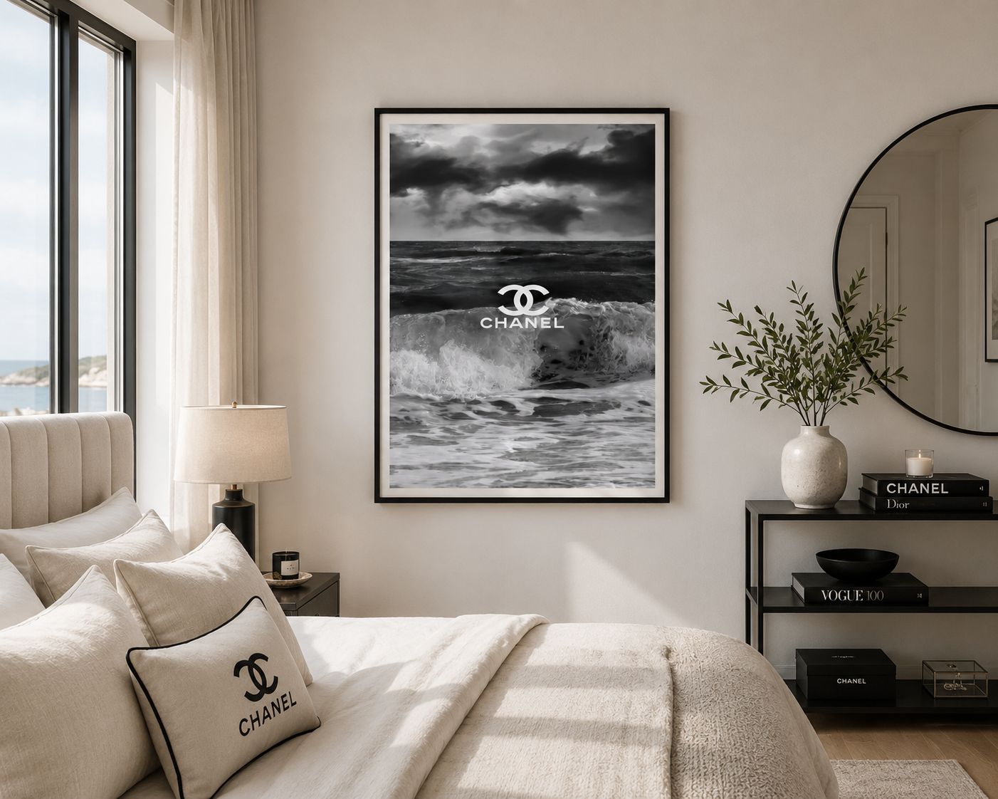 A framed black and white ocean wave poster with a Chanel logo in the center, displayed on a bedroom wall above a bed with matching Chanel pillows, a lamp, and a side table with a mirror.