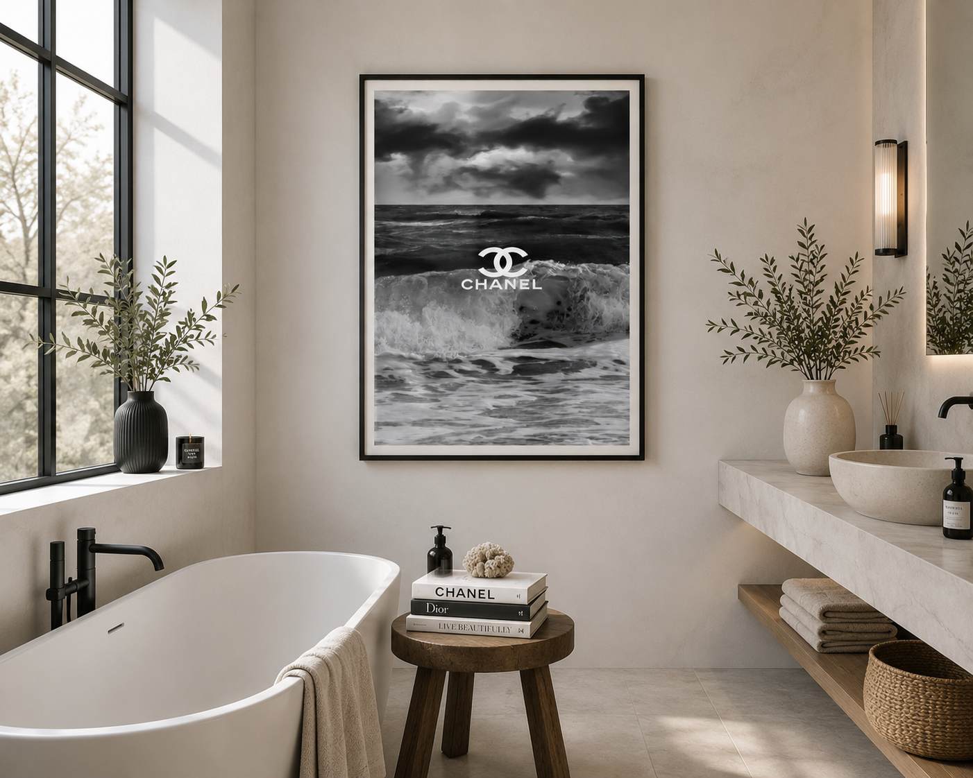 A framed black and white ocean wave poster with a Chanel logo in the center, displayed on a beige wall in a modern bathroom setting with a bathtub, vanity, and plants.