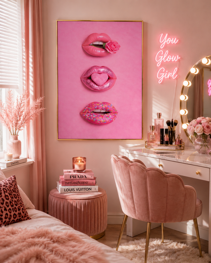 A pink framed wall art print featuring three stylized lips with flowers and glitter, displayed in a pink bedroom setting next to a vanity desk with a lighted mirror and pink velvet chair.