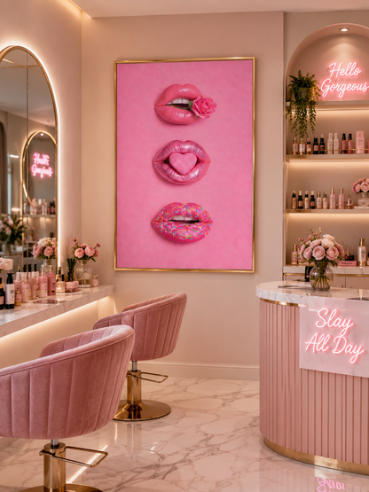 A pink framed wall art print featuring three glossy lips with flowers and a heart, displayed in a modern pink beauty salon with velvet chairs, marble floors, and a reception desk.
