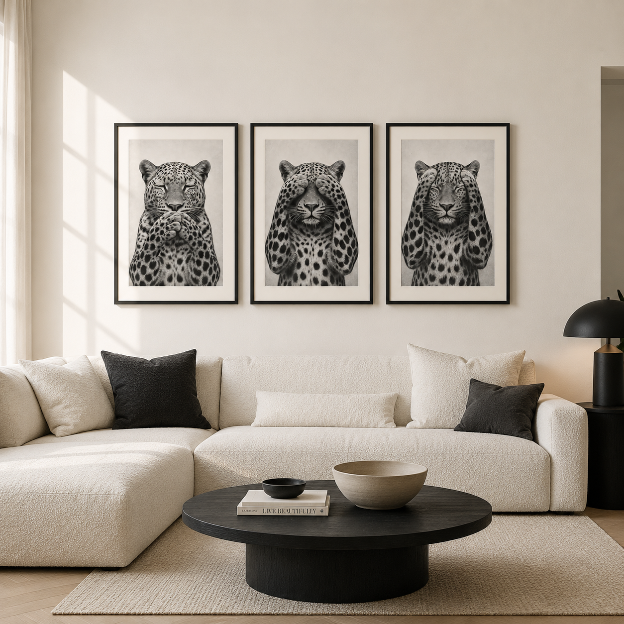 Three framed black and white leopard art prints are displayed in a row on a beige wall above a modern white sectional sofa with black accent pillows in a styled living room.
