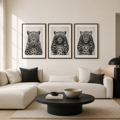Three framed black and white leopard art prints are displayed in a row on a beige wall above a modern white sectional sofa with black accent pillows in a styled living room.