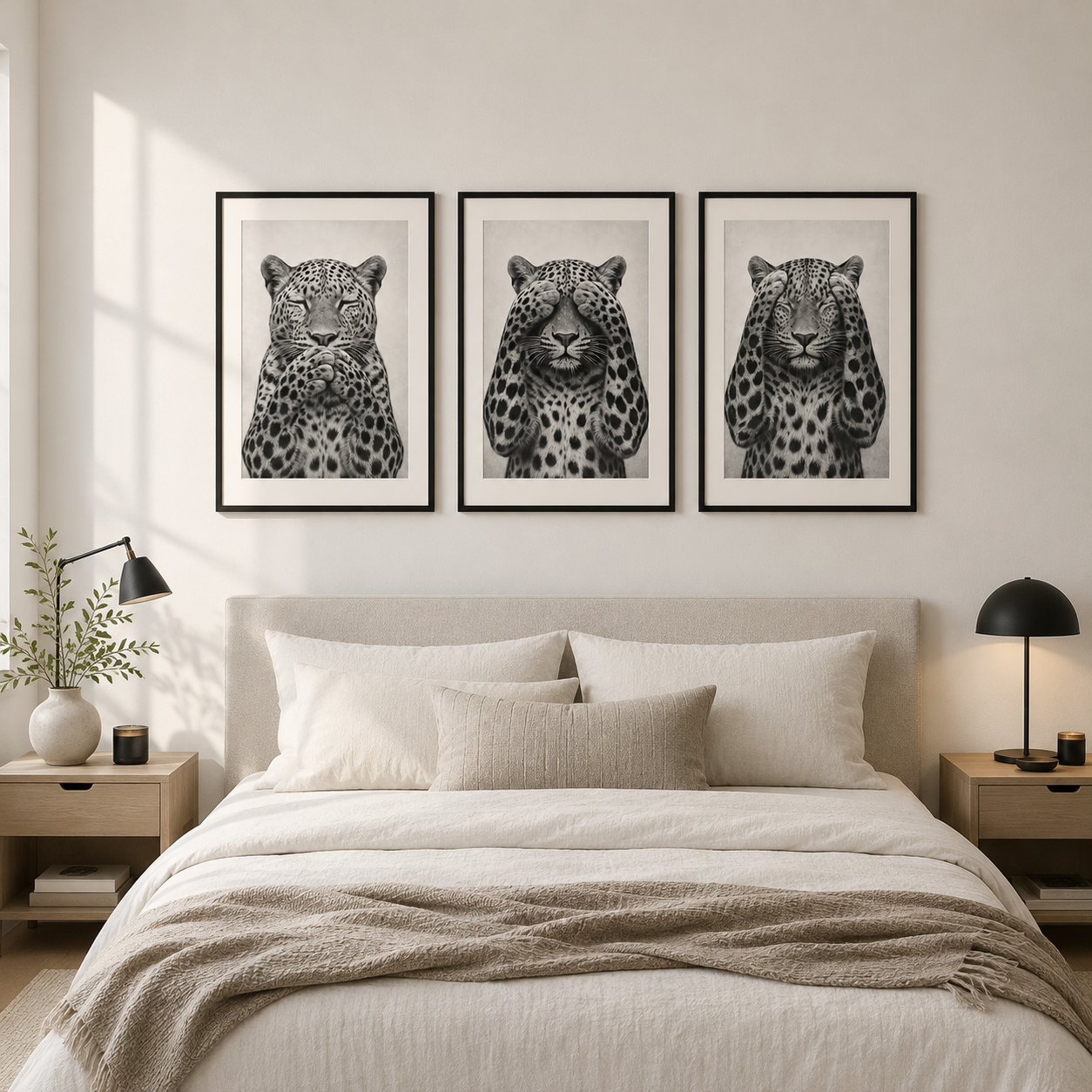 Three framed black and white leopard art prints are displayed in a row above a neatly made bed in a modern, neutral-toned bedroom.