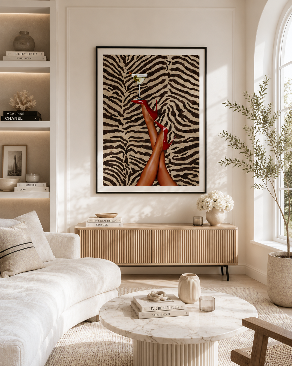 A framed wall art print hangs above a light wood console in a bright, modern living room. The artwork shows a zebra-stripe pattern background with a pair of legs raised in red high heels and a cocktail glass.