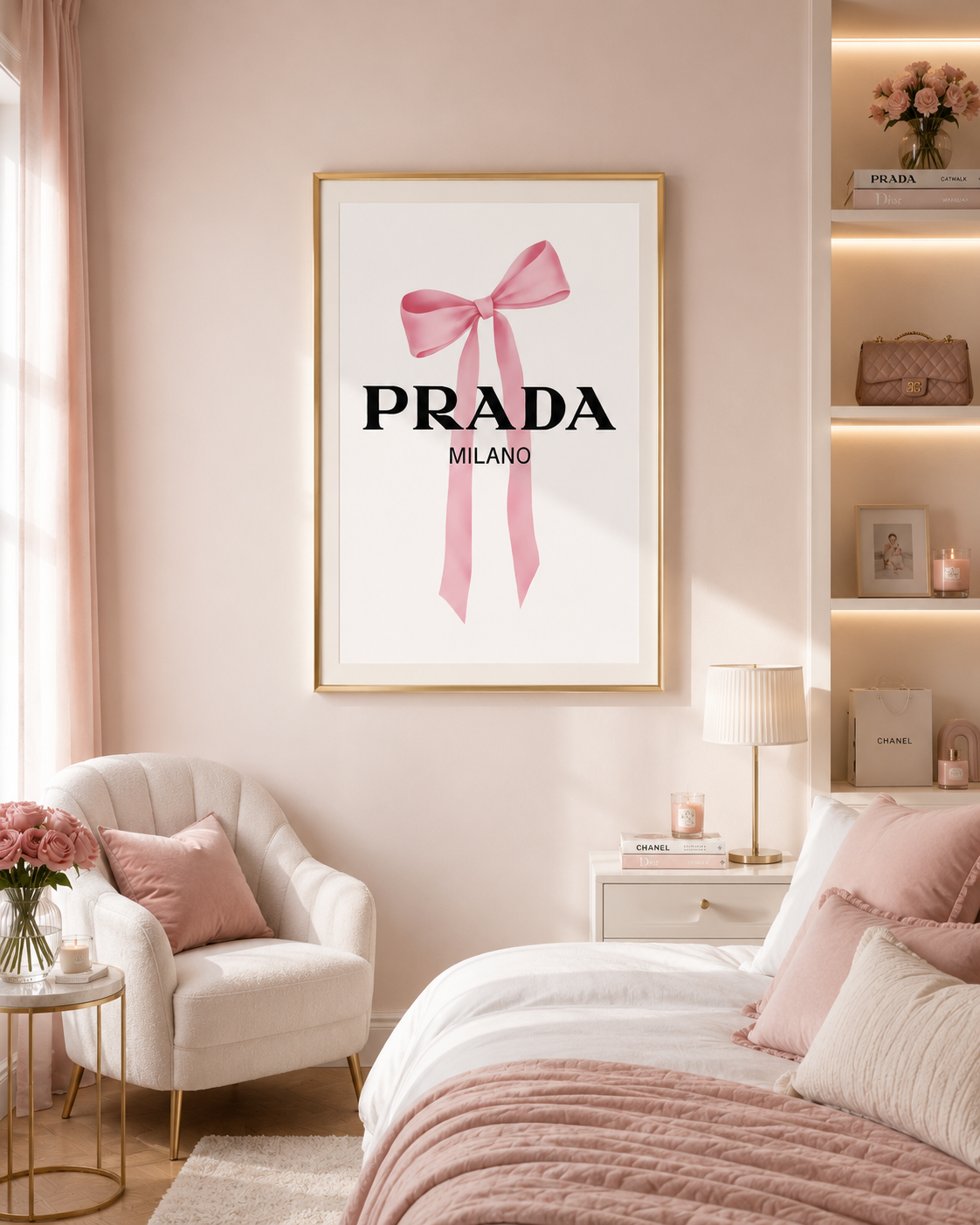 A framed wall art print featuring a pink ribbon bow and the text 'PRADA MILANO' in black, displayed in a styled bedroom setting with a bed, armchair, and shelving.