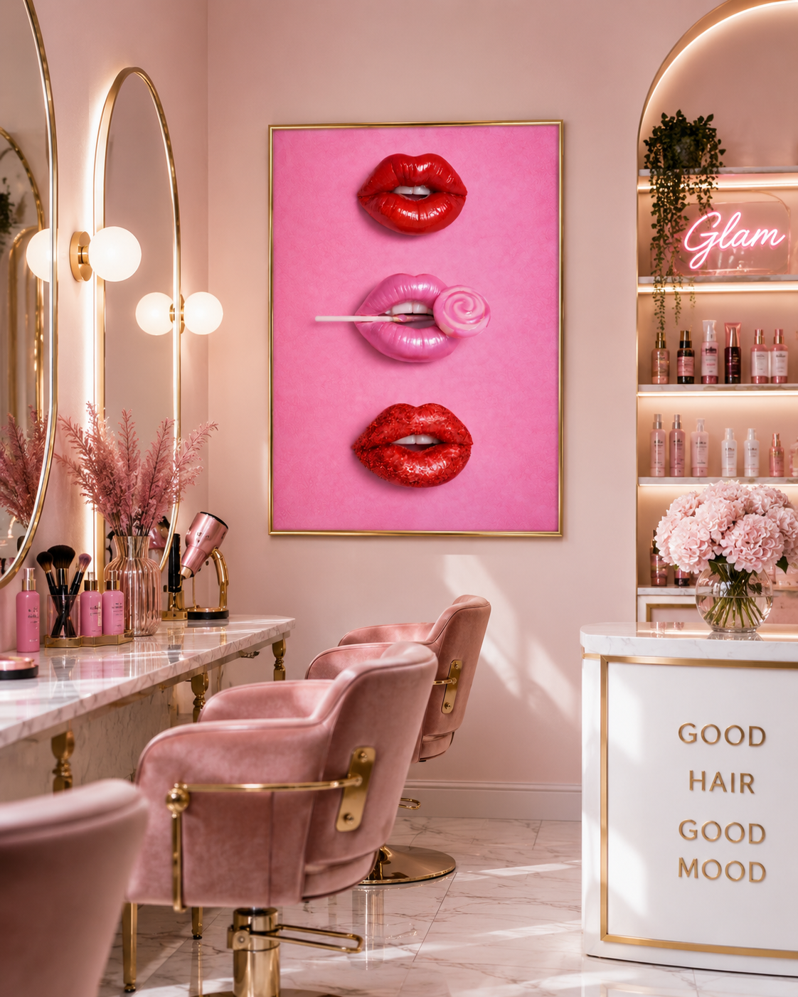 A pink framed wall art print featuring three stylized lips with red and pink lipstick, displayed in a beauty salon with pink velvet chairs, marble counters, and cosmetic shelves.