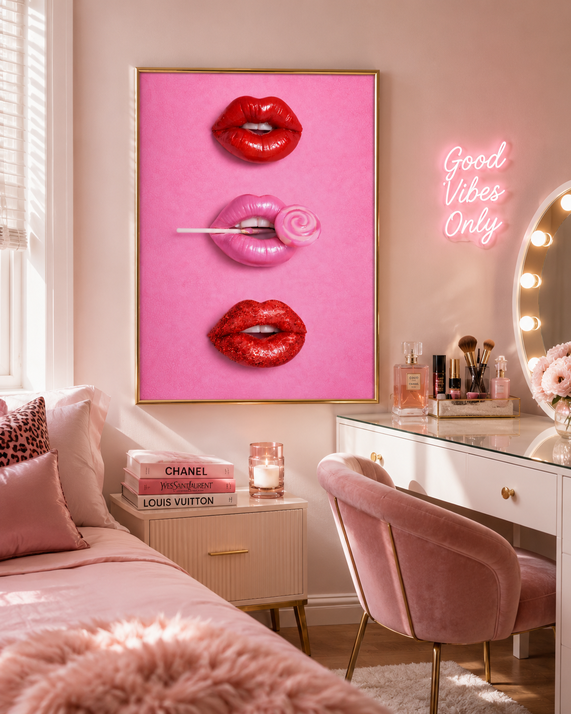 A framed wall art print featuring three pink-toned lips with red lipstick applied, hung above a vanity desk in a pink bedroom. The print is the product being shown, but the room setting makes this a Lifestyle image rather than a clean Product/Packaging shot.