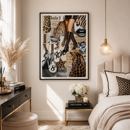 A framed fashion art print featuring a collage of leopard and zebra patterns, black boots, lips, and newspaper-style typography, displayed on a beige wall in a styled bedroom setting.