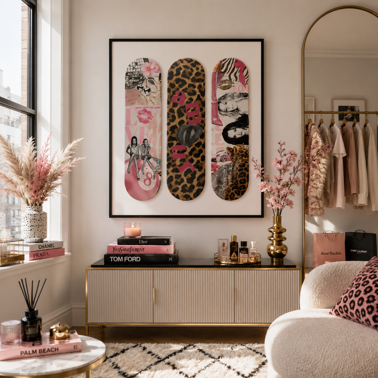 A framed wall art piece featuring three vertical skateboard decks with pink, leopard print, and graphic designs, displayed in a styled living room above a console table.
