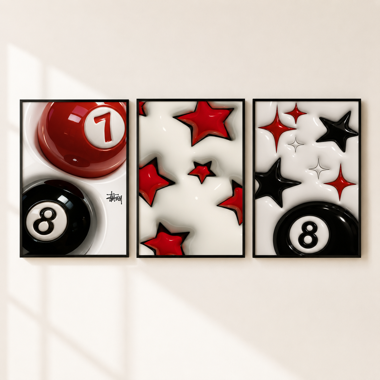 Three framed wall art panels depicting pool billiard imagery, including red and black billiard balls and red stars on a white background, hung on a light beige wall.