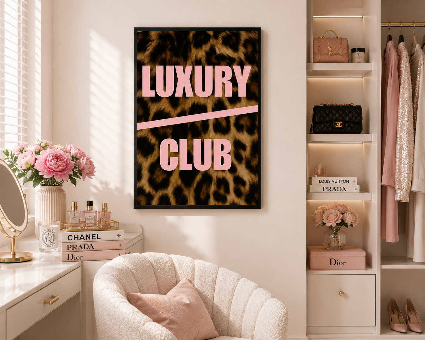 A framed wall art print featuring a leopard print background with the words 'LUXURY CLUB' in pink, displayed in a styled room with a cream chair, vanity, and shelving.