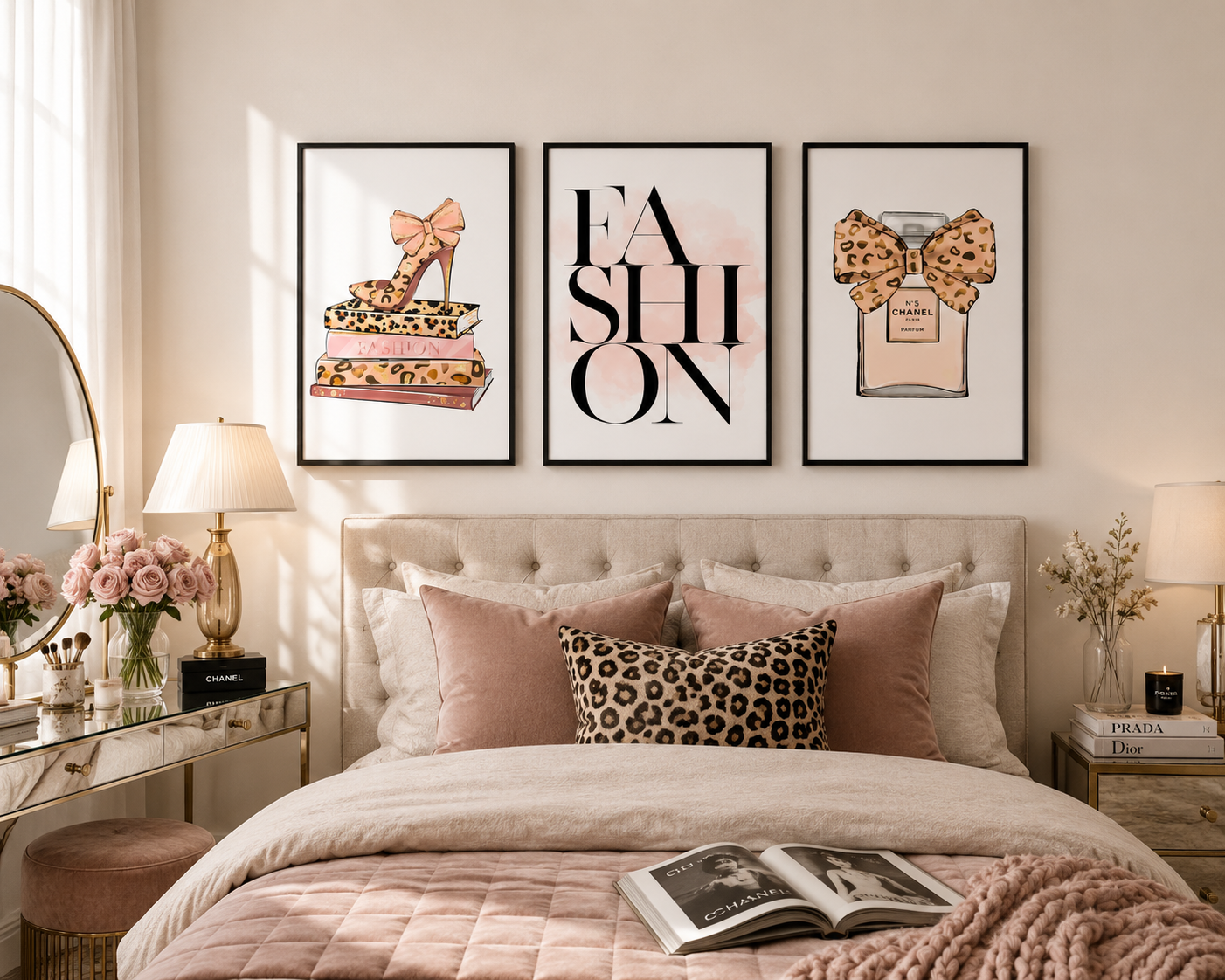 Three framed fashion-themed art prints hang above a bed in a styled bedroom. The prints feature a high-heel shoe, the word 'FASHION' in large letters, and a perfume bottle, all in a pink and leopard-print palette.