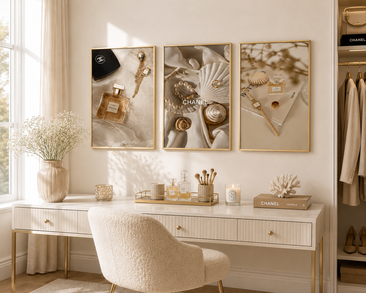 Three framed wall art prints with gold borders hang above a white vanity desk in a bright, elegant room. The prints feature luxury-themed imagery including Chanel bottles, seashells, and gold accessories.