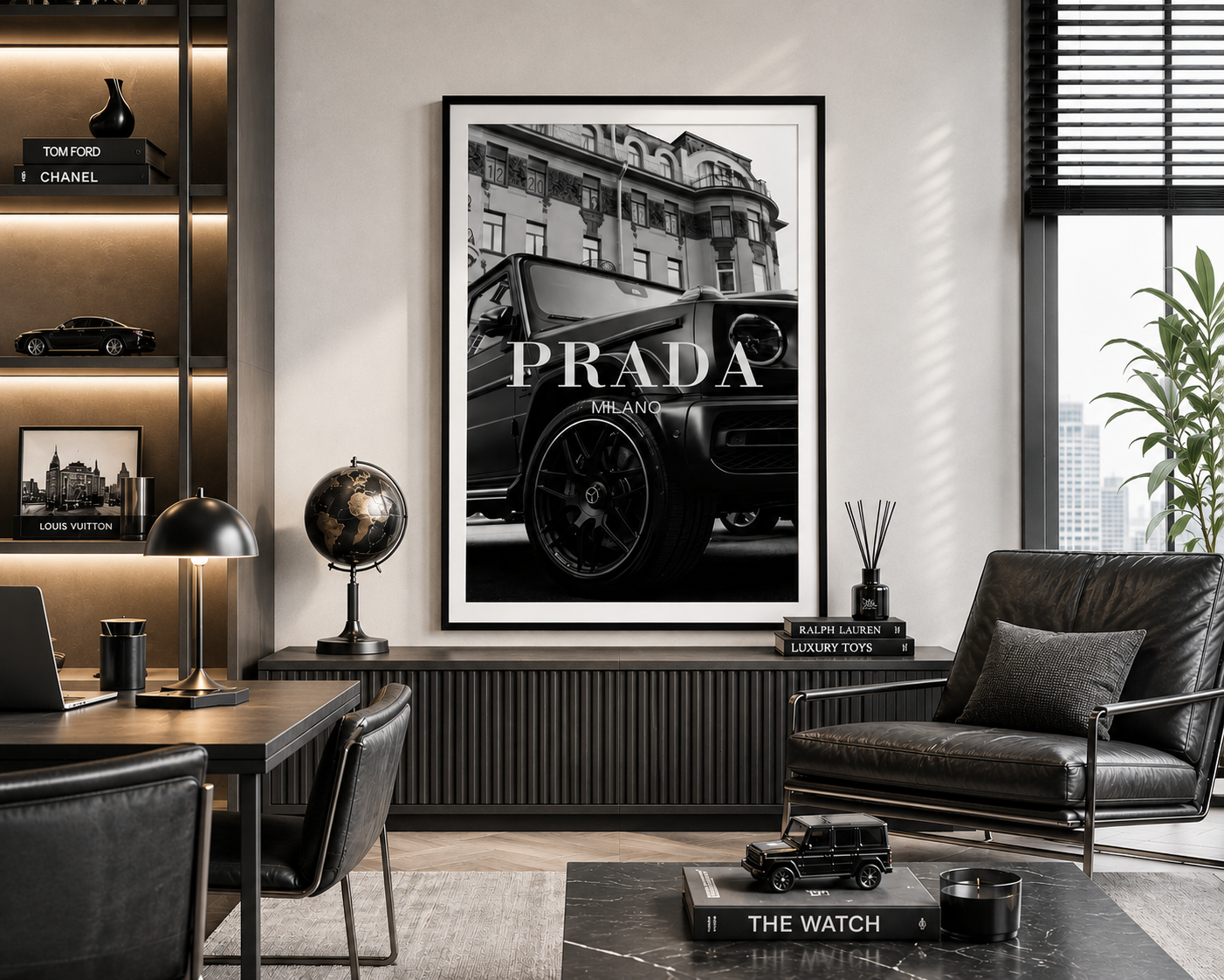 A large black and white framed poster of a Prada car in London, displayed on a wall in a modern, stylishly decorated room with a leather armchair, desk, and shelving.